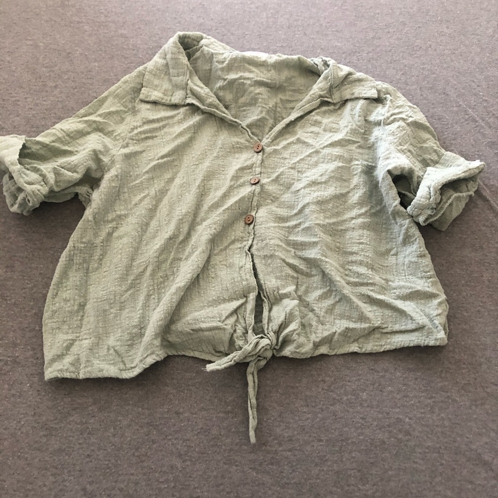 Mint Faux Button Up Crop Top with Tie at Bottom